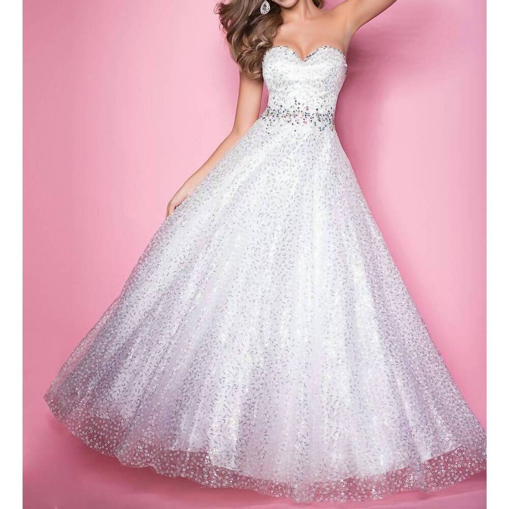 NEW BLUSH PROM silver jewels sequin gown in white